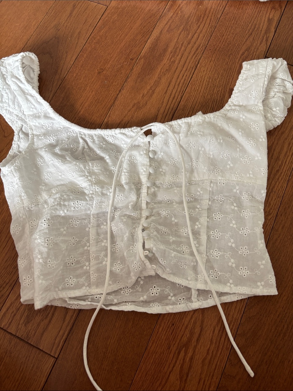 Meshki White Eyelet Crop Top with Puff Sleeves